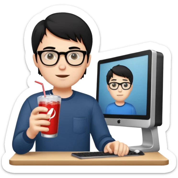 Hombre blanco con gafas, pelo negro tomando un refresco frente a un ordenador con ropa de sport sticker