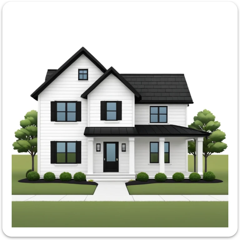 modern farmhouse with white siding, black roof and black trim, exterior view, 3d sticker