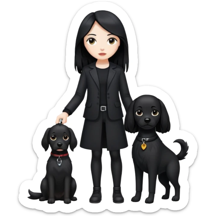 A girl with long black hair wearing black clothes holding a black dog in one hand sticker