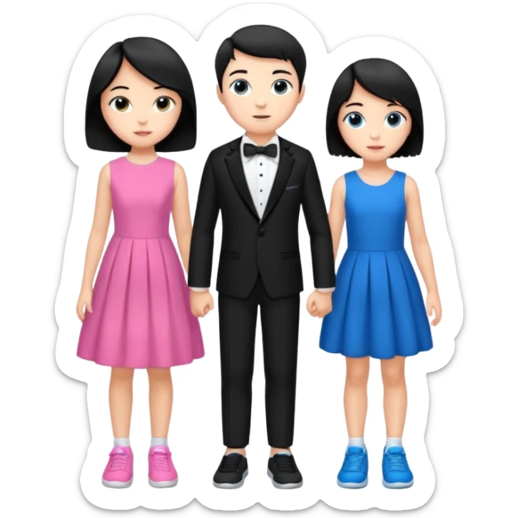 generate a pretty bratz fair skinned boy with short black hair wearing a black tux with blue sneakers with a girl in a pink dress sticker