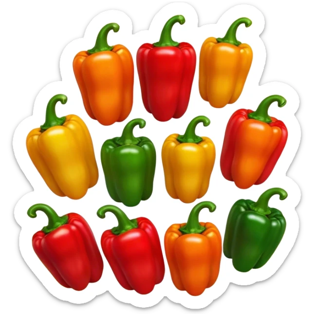 Cinematic bright colorful peppers, glossy and fresh, arranged in a vibrant mix of red, yellow, and green, warm glowing background, fresh and lively. sticker