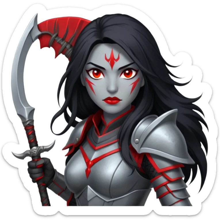 f a warrior woman with silver-gray skin, red eyes, long black hair with a red streak, wearing dark Amazonian armor, holding a scythe, with red energy crackling around her.” sticker