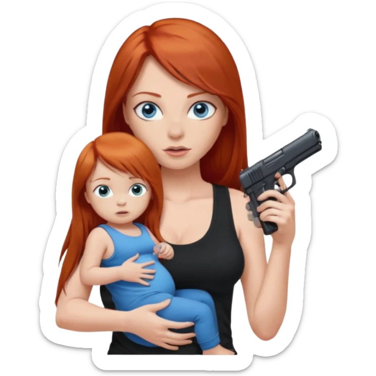 A red head with long straight hair, she has blue eyes with big boobs. She’s wearing a black tank top and holding a gun up in one hand and a baby boy with blue eyes sucking on one of her boobs in the other arm sticker