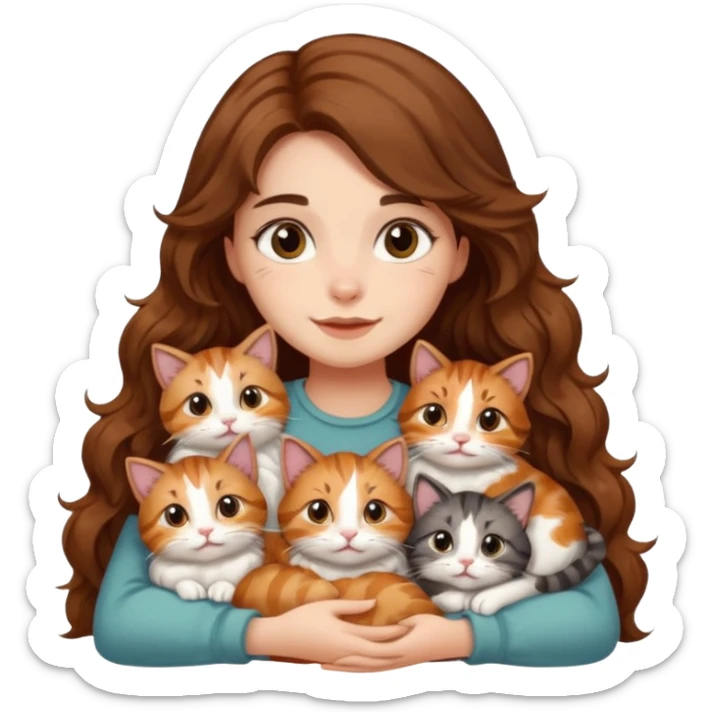 girl with long wavy brown hair cuddling with 6 cute cats sticker