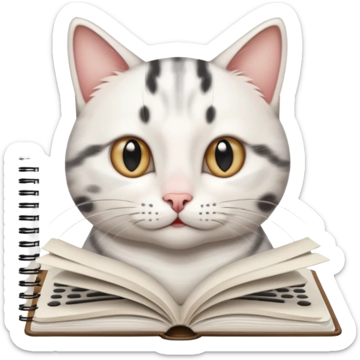 gatita feliz blanca con manchas negras atigradas viendo una libreta anillada  sticker