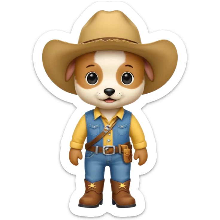 a very cute and adorable anthropomorphic puppy with a cowboy hat ,yellow shirt and blue jeans and brown boots is walking  sticker