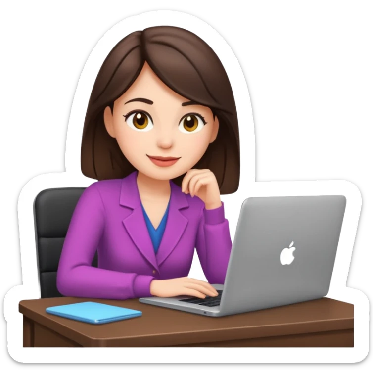 Brunette woman working in an office, wearing cute stylish clothes, sitting at a desk with a laptop, emoji style, cheerful expression sticker
