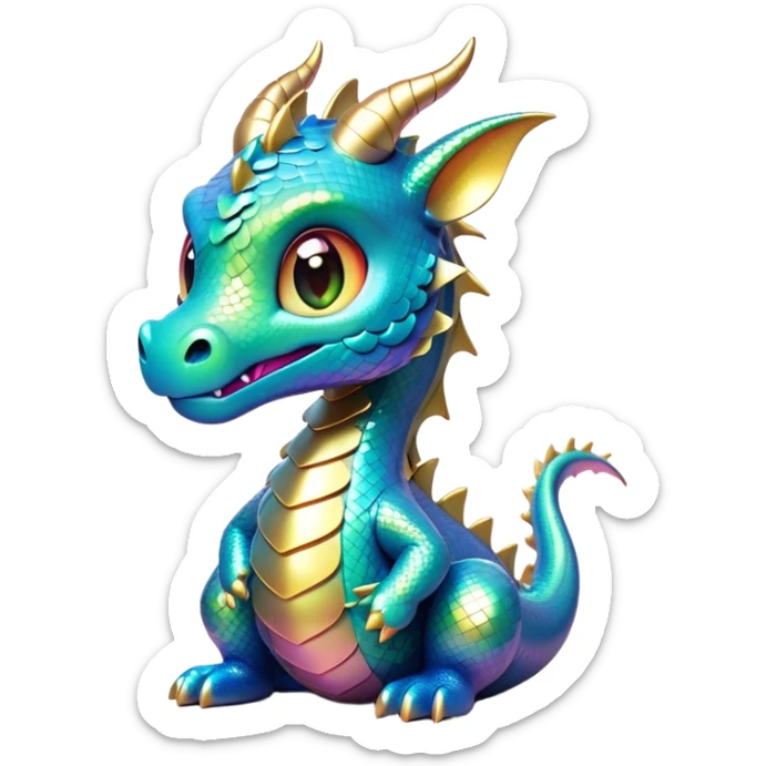 Cinematic Cute Dragon Portrait Emoji, Head tilted playfully and inquisitively, with a sleek, serpentine body adorned in iridescent scales and a charming, expressive face featuring subtle, delicate horns, round, sparkling eyes brimming with curious magic, Simplified yet irresistibly adorable features, highly detailed, glowing with a warm, enchanting glow, high shine, affectionate and mystical, stylized with a touch of whimsical fantasy, soft glowing outline, capturing the essence of a mischievous yet loving dragon that feels like it could slither out of the screen into your arms! sticker