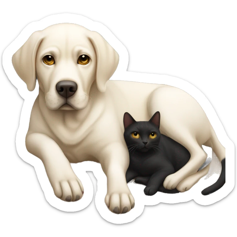 White Labrador laying with a black Labrador with an American short hair cat looking grumpy sticker
