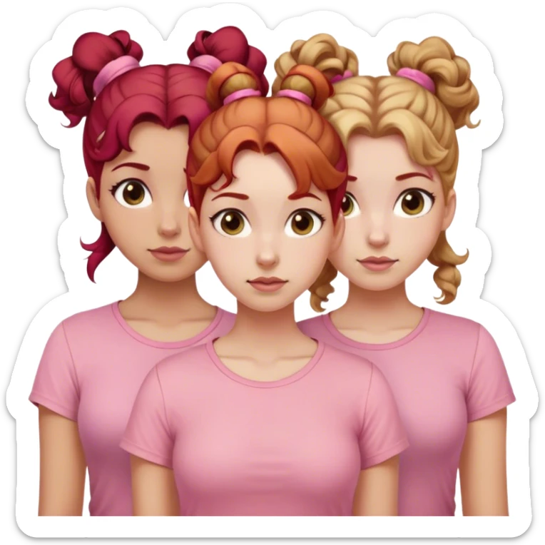 One roll no pink hair allowed Three sisters one of them have red hair with buns. One of them have dirty blonde hair with ponytail. One of them have white curls with light brown hair hair and they are all wearing pink shirts sticker