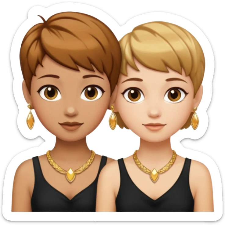 Fair skin and caramel colored besties with brown hair pixie cuts wearing jewelry   sticker
