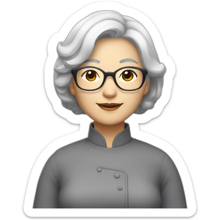 Chinese lady, senior lady with very light gray hair wearing glasses hair to the shoulder lens where Chinese clothes sticker