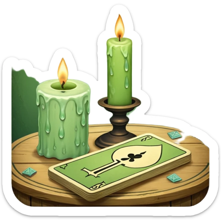 A light green deck of tarot cards and a one candle nearby sticker
