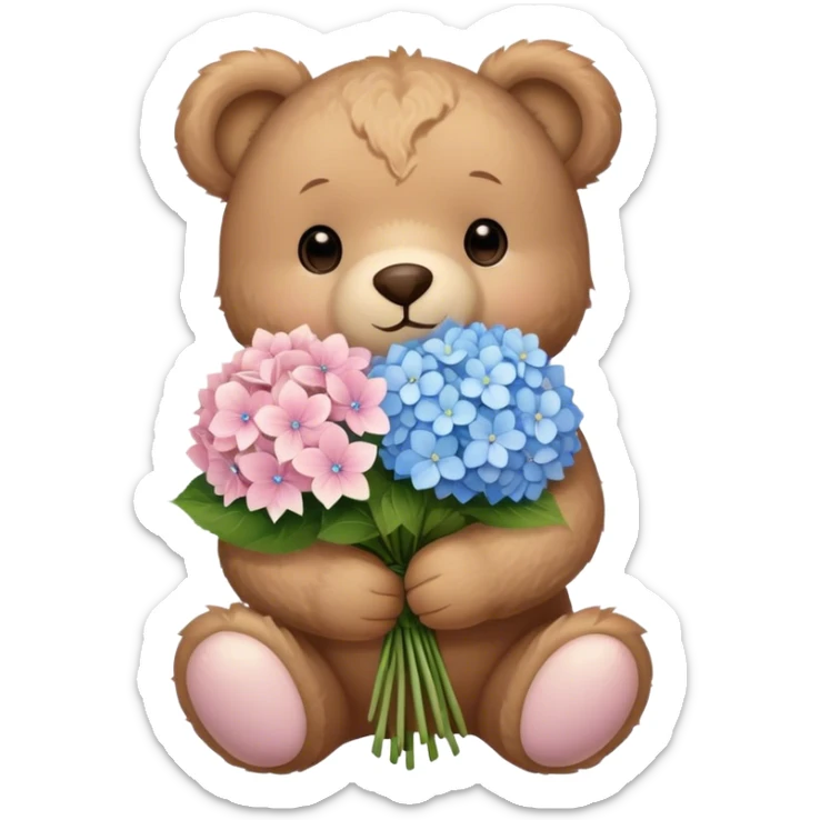 light brown teddy bear super cute holding a light pink and light blue bouquet of hydrangeas sticker