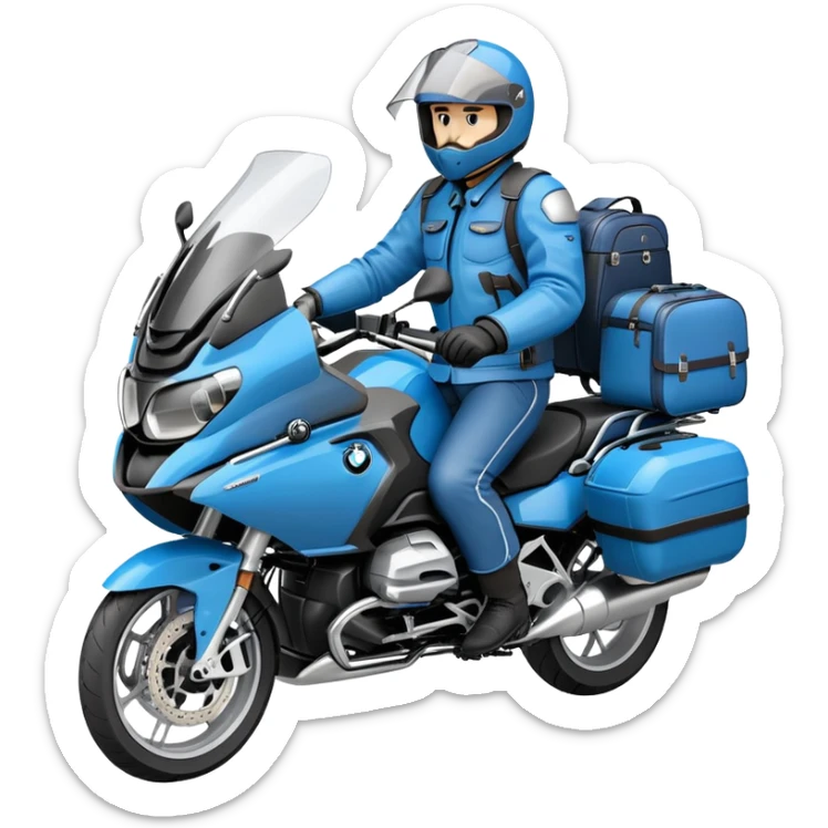 blue BMW R 1200 RT touring motorcycle with rider and luggage panniers sticker