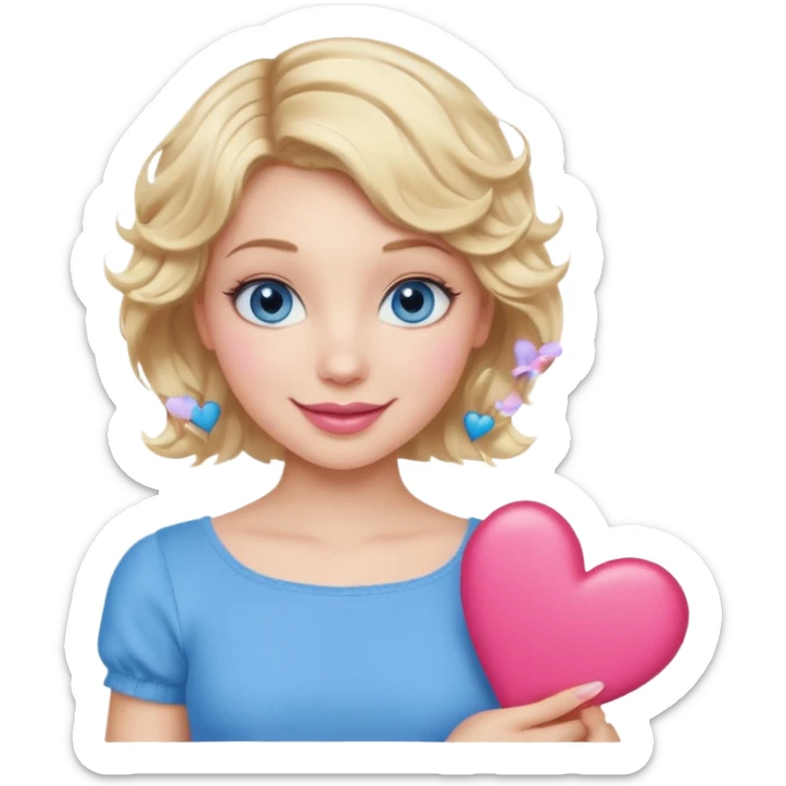 Girl Blonde short wavy hair,  blue eyes, cute blue top, long lashes, pink lips, smiling, holding hearts sticker