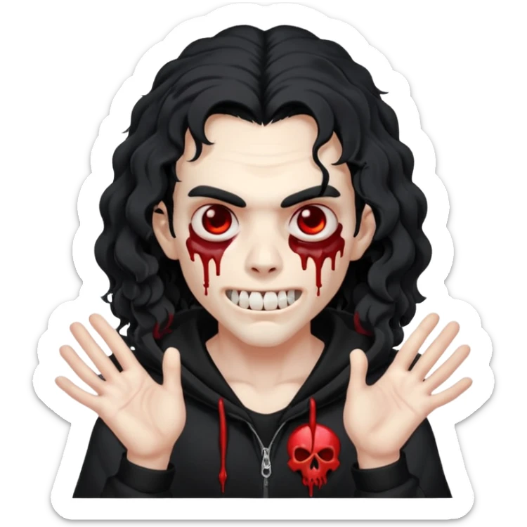 Vampire wearing a black hoodie with a skull logo on it, long curly hair that covers the forehead, fanged teeth and blood on hands sticker