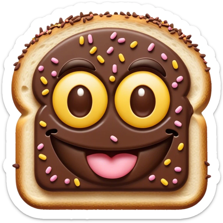 Cinematic Realistic Hagelslag Treat Emoji, depicted as crunchy chocolate sprinkles on buttered bread rendered with vivid textures and playful, inviting lighting. sticker