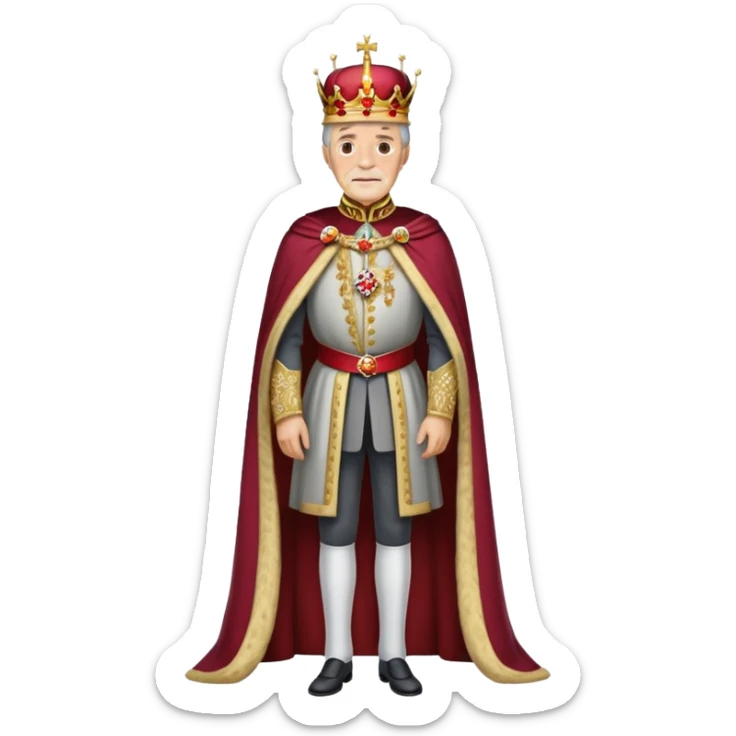 Full body of elderly, thin Carlos I of Spain with brown hair, Habsburg king standing in royal attire with crown, cape, and prominent jaw sticker