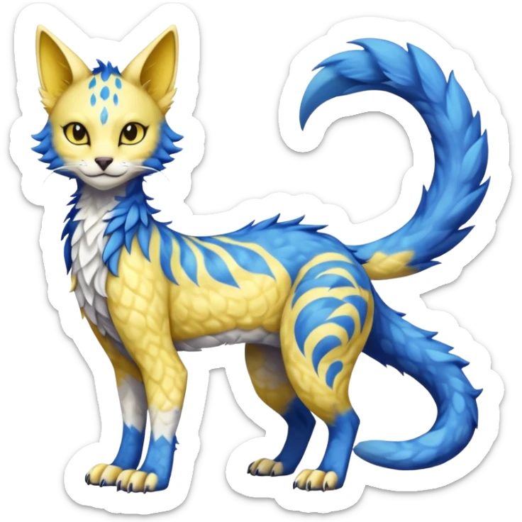 Kawaii yellow and blue beautiful pretty elegant divine edgy fantasy feline-vernid-sergal-fursona animal creature with a tufted tail full body with intricate markings  sticker