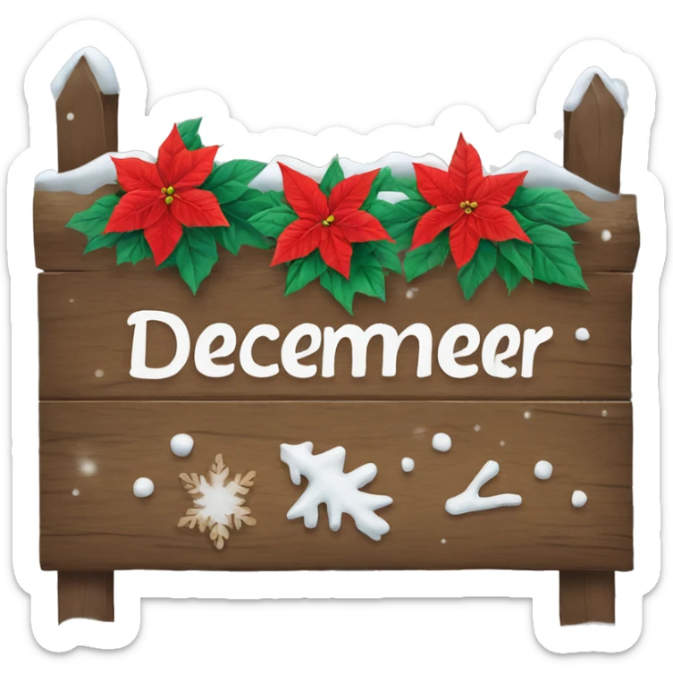 Wood sign with inscription december and poinsettia with snow on sign  sticker