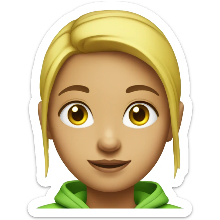a girl with a ponytail on her head with green eyes and a yellow hoodie sticker