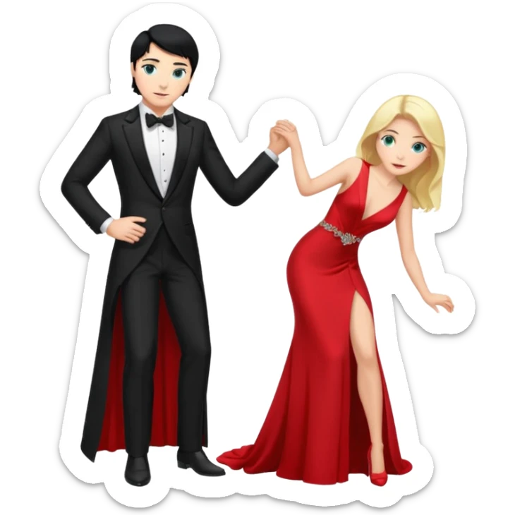 2 Person, prince, upright, black Hair, blue eyes, whole body, Woman, blonde Hair, Green eyes, bending knee, sleveless White Dress, sticker