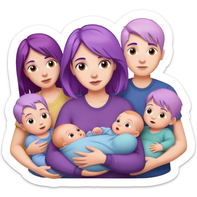White woman with purple hair holding a baby with other white kids around her sticker