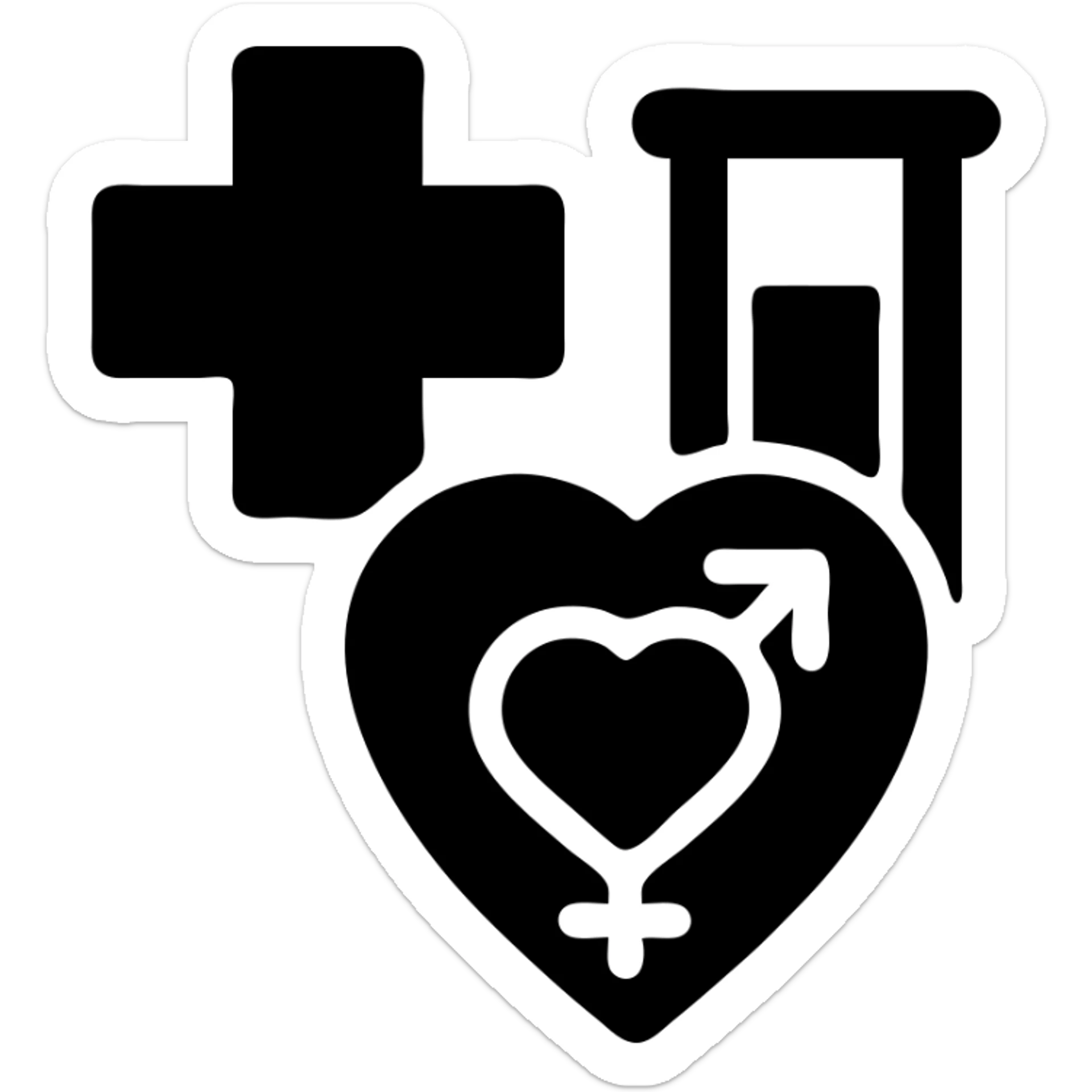 Professional symbol for sexual health clinic with medical cross, test tube, and subtle heart icon sticker