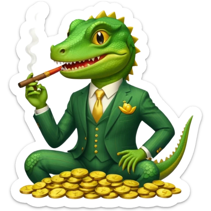 lizard in a pinstripe suit, grinning, holding a cigar, sitting atop a pile of gold coins, apple emoji style, no text sticker