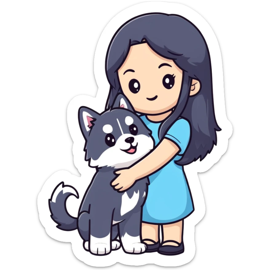 beautiful girl with long black hair holding a cute husky puppy sticker