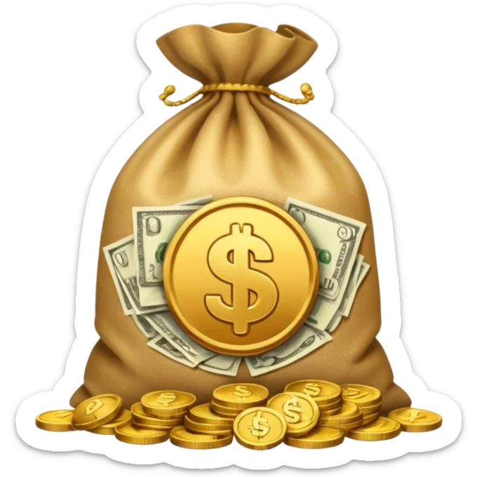 sack of money with a play icon printed on it, coins stacked beside sticker