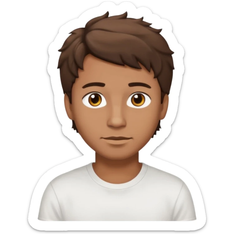 Homme brun cheveux court ondulé. Métisse. Yeux marrons très foncé. Avec t-shirt blanc sticker