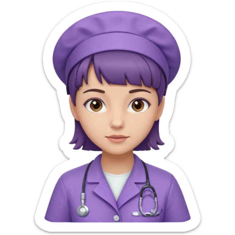 A young female slim nurse with short Brown hair with fringe over her forehead, wearing larvendar purple working cloth sticker