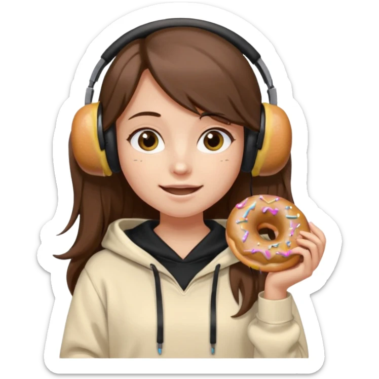 a girl with long brown hair green and wearing black headphones she is wearing a cream coulor baggy hoddie she is happyish holding a donut sticker