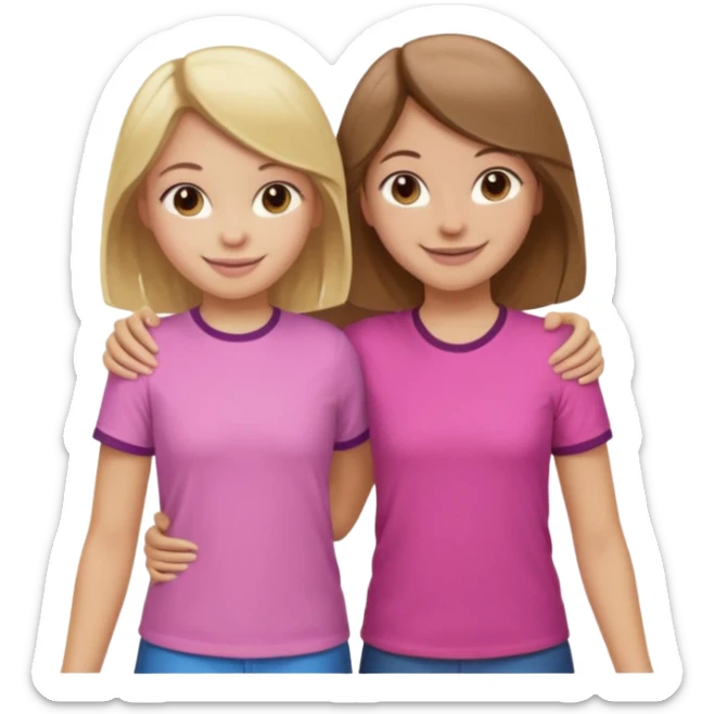 Two Girls with their arms around each other at summer camp one blonde one brown hair brown hair wearing pink shirt sticker