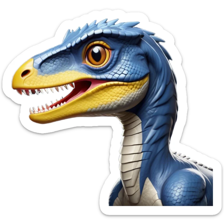 Cinematic Noble Velociraptor Portrait Emoji, Poised and agile, with a slender, streamlined build, sharp, cunning eyes, and a sleek snout hinting at predatory precision, Simplified yet sharply defined features, highly detailed, glowing with a cool, dynamic radiance, high shine, intelligent and swift, stylized with an air of agile prehistoric grace, focused and alert, soft glowing outline, capturing the essence of a watchful and confident Velociraptor that appears ready to dash out of the screen with effortless speed! sticker