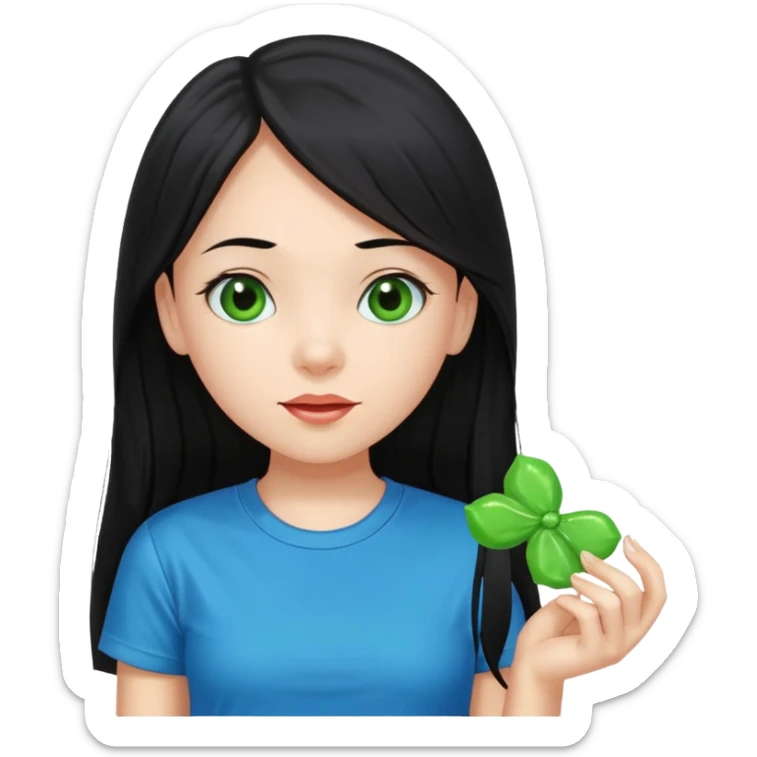 A girl with long black hair and black eyes wearing a blue t-shirt holding a piece of green hard candy in one hand and a green candy wrapper showing a guava on it in the other hand sticker