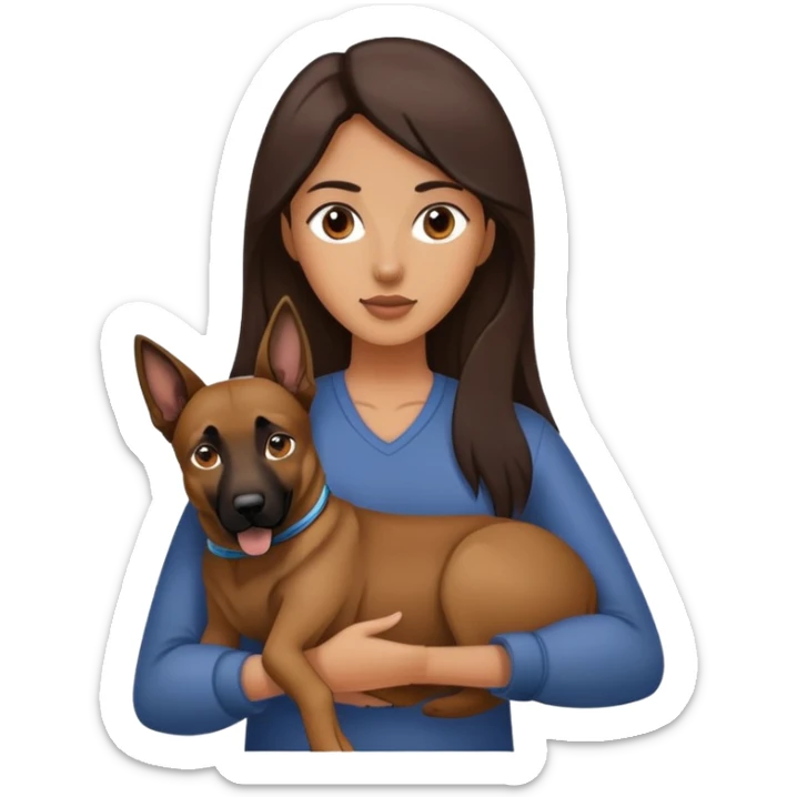 woman with long dark brown hair holding a Malinois dog in her arms sticker