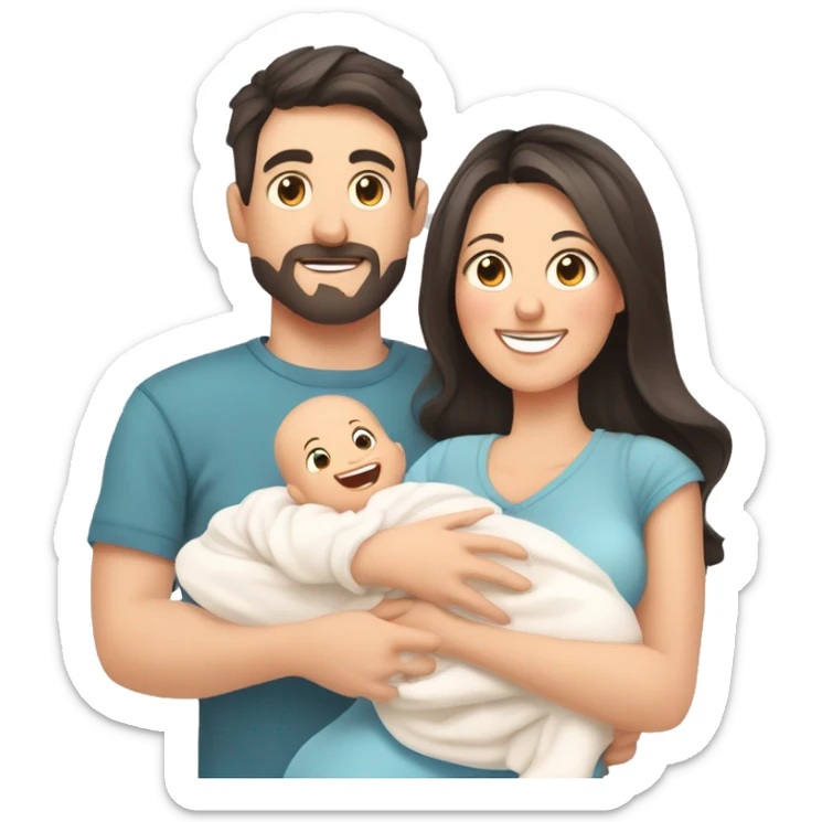 Happy white parents with dark hair with 1 newborn baby. 3 people total. Young parents and newborn son in hands. Mother, father holding infant together with love. Parenthood concept. Flat illustration isolated on white background. sticker
