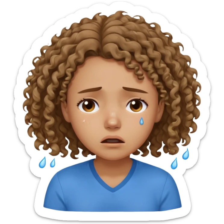 white young curly hair girl, brown hair, with a blue shirt, in despair crying sticker