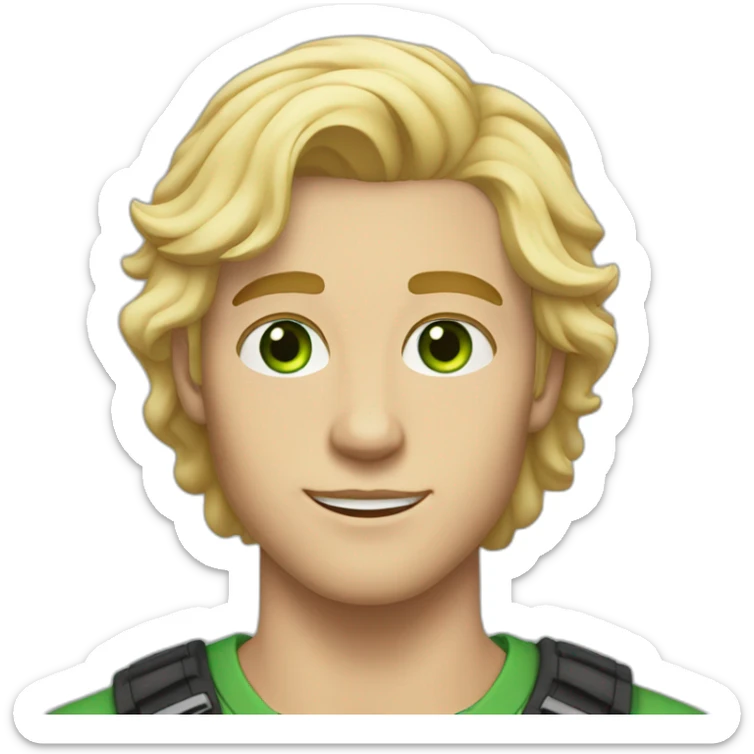 blonde twenty year old guy with side part brow-length wavy hair and green eyes sticker