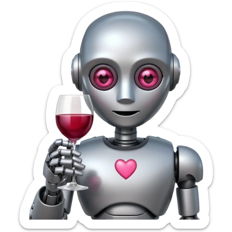 Un robot elegante con vino en la mano y una sonrisa tímida y unos ojos de corazónes rosas sticker