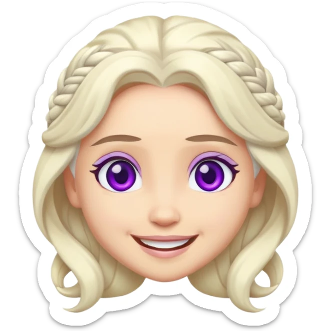 Cartoon version of Daenerys Targaryen emoji, big round purple eyes, smiling face, pastel colors, playful design,  sticker