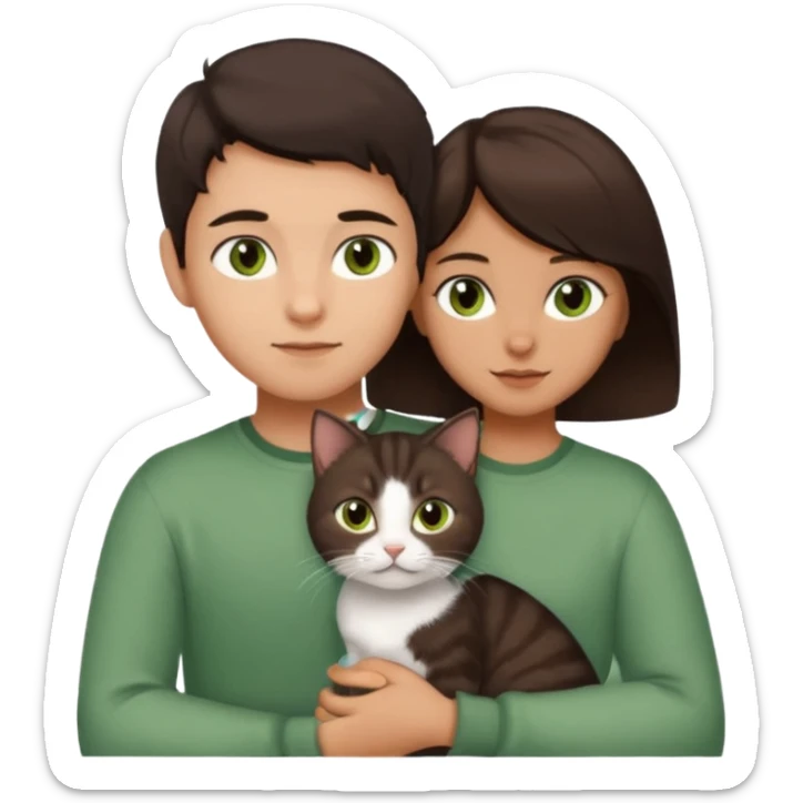 Crea un emoji donde salga un chico de pelo moreno con los ojos claros, una chica de pelo morena con los ojos marrones y UN gato europeo comun de pelaje marron oscuro y ojos verde claro, quiero que se esten abrazando el chico y la chica, y el gato este en el medio de los dos sticker