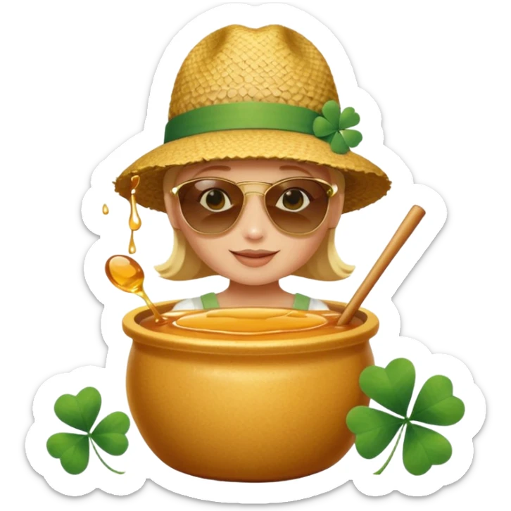 A hunny playing or eating out of a big pot of honey (like the one Winnie the Pooh played with) and have a Irish four leaf clover ground cover and a beach back drop  sticker