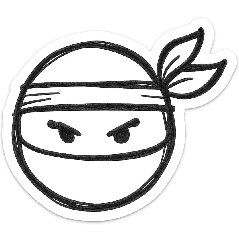 ninja emoji, masked face, headband, sketchy lines, minimal details, hand drawn icon style sticker