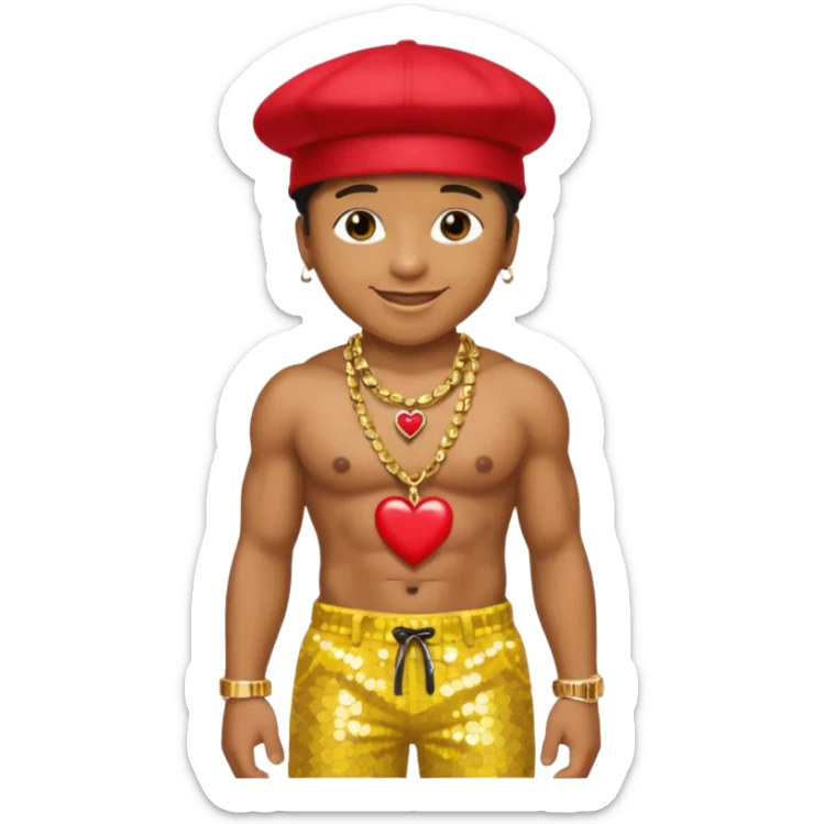 LL Cool J with yellow sequin baggy pants, shirtless with necklace with red heart, black hat sticker
