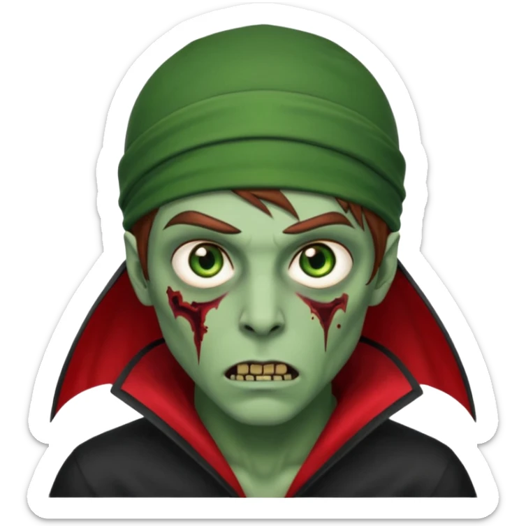 Red durag, men zombie with brown hair color and green eye color, with dark vampire clothes, green skin sticker