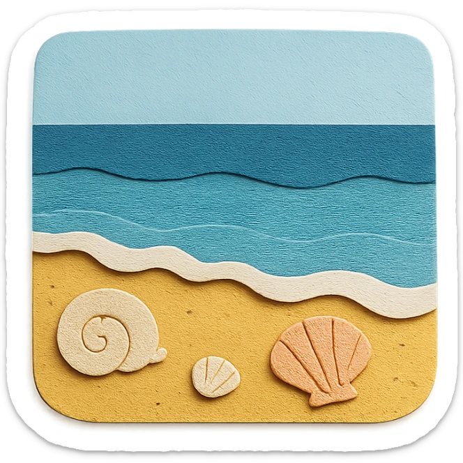 view of the ocean from the beach with sand, shells, and gentle waves in paper-craft style sticker